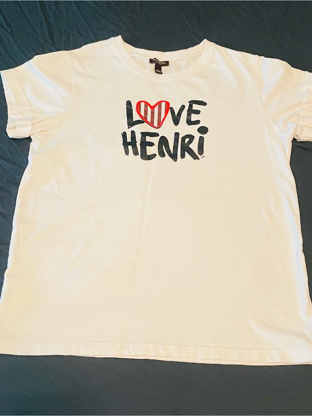 henri bendel “Love Henri” White Graphic Tee with Red Striped Heart